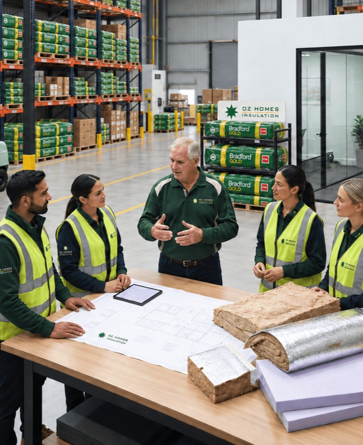 Oz Homes Insulation team reviewing building plans and insulation products at a bench in the Oz Homes warehouse