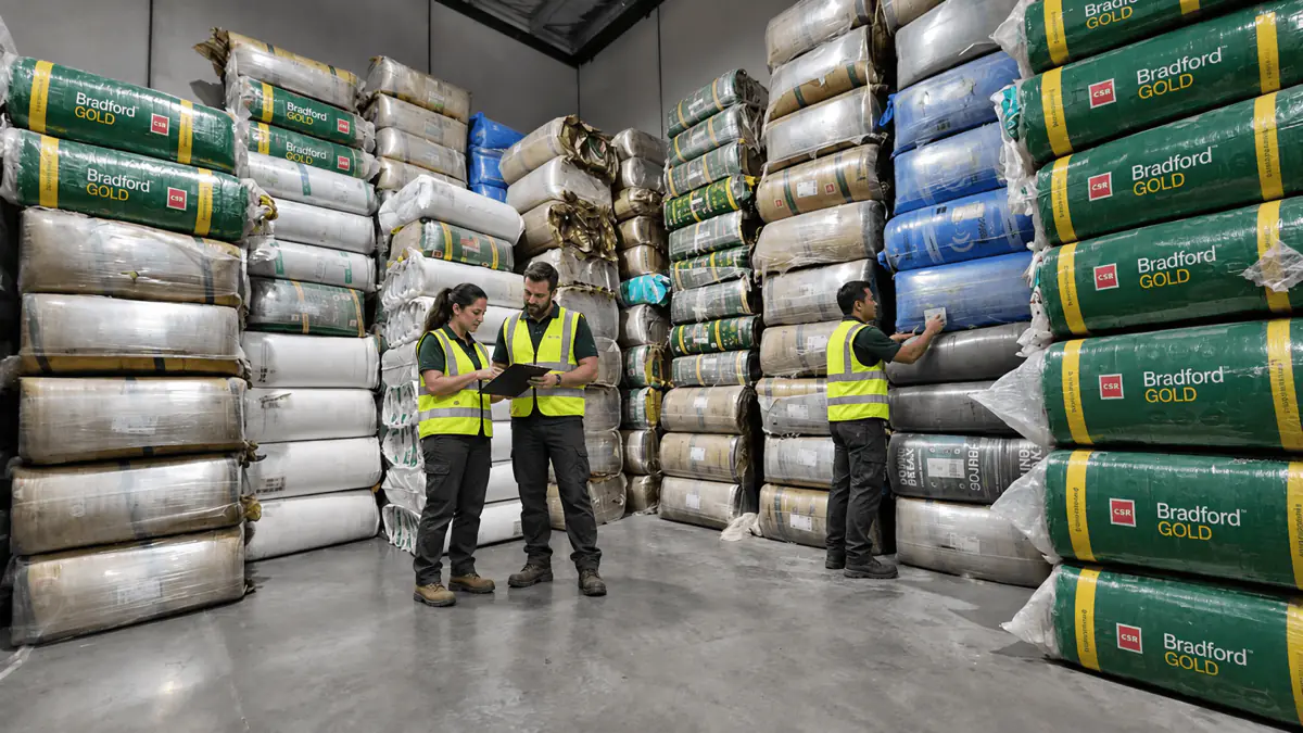 Oz Homes Insulation staff in hi-vis vests checking stock among bales of Bradford Gold insulation in the Oz Homes warehouse