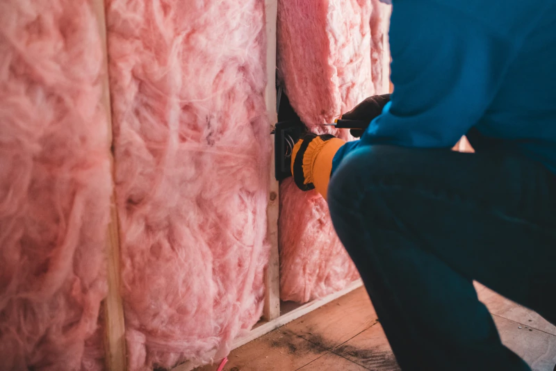 Installer fitting insulation batts between wall studs