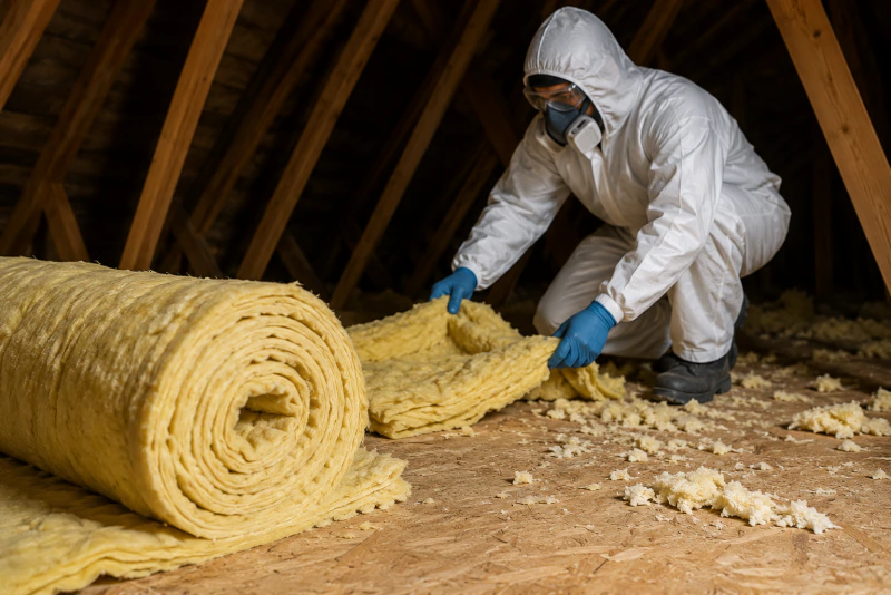 Worker in a full protective suit removing contaminated insulation from a roof space