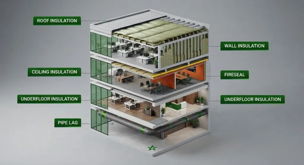 Cutaway of a multi-storey commercial building showing roof, wall, ceiling, fireseal, underfloor and pipe lag insulation