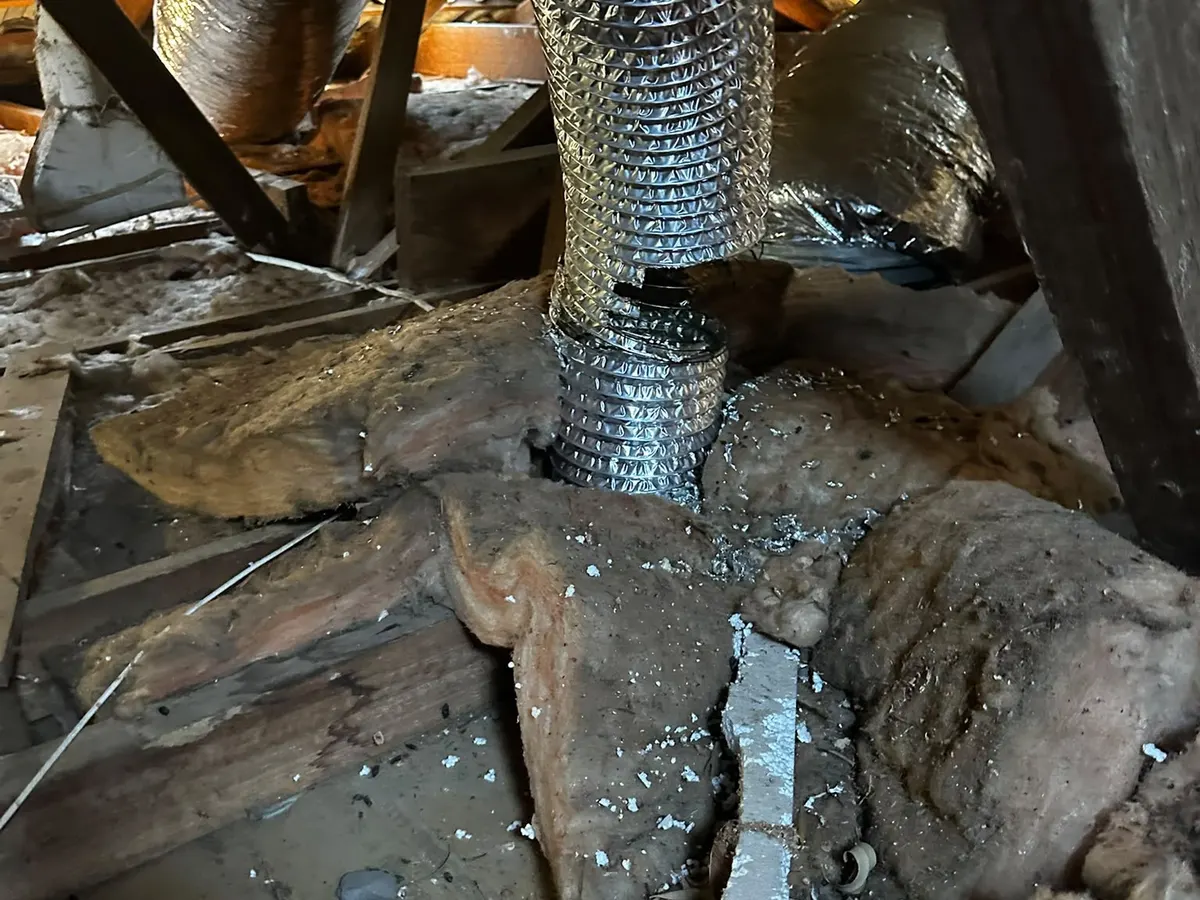 Roof cavity before removal, with old, dusty and torn insulation (photo 5 of 7)