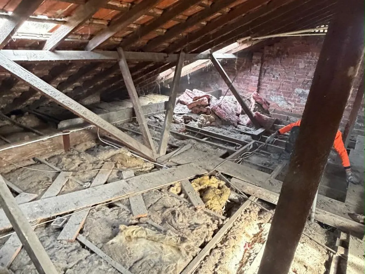 Roof cavity before removal, with old, dusty and torn insulation (photo 7 of 7)