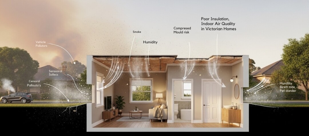 Cinematic Victorian home cutaway showing smoke, pollen, dust, pet dander and old roof insulation affecting indoor air quality.